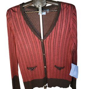 NEW Simply Vera XL V Neck Button Down Burgundy & Black Sweater With Accents